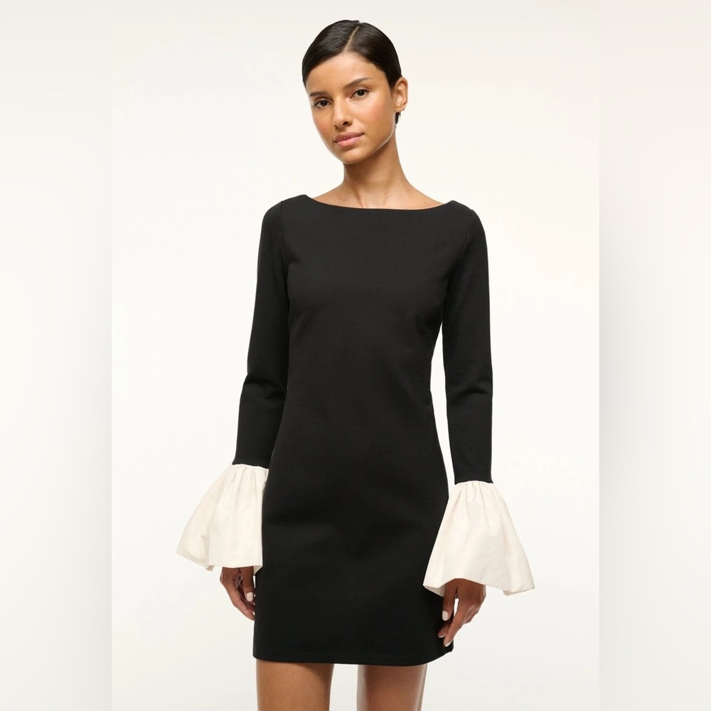 NWT STAUD Hawthorne ruffle trim mini dress black white two tone bell sleeve